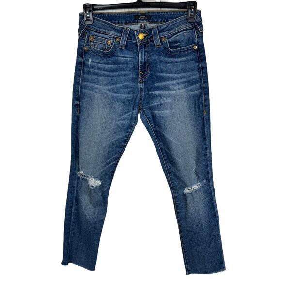 True Religion SZ 30 Stella Jeans Cropped Mid-Rise Distressed Stretch Whiskered - Picture 1 of 11